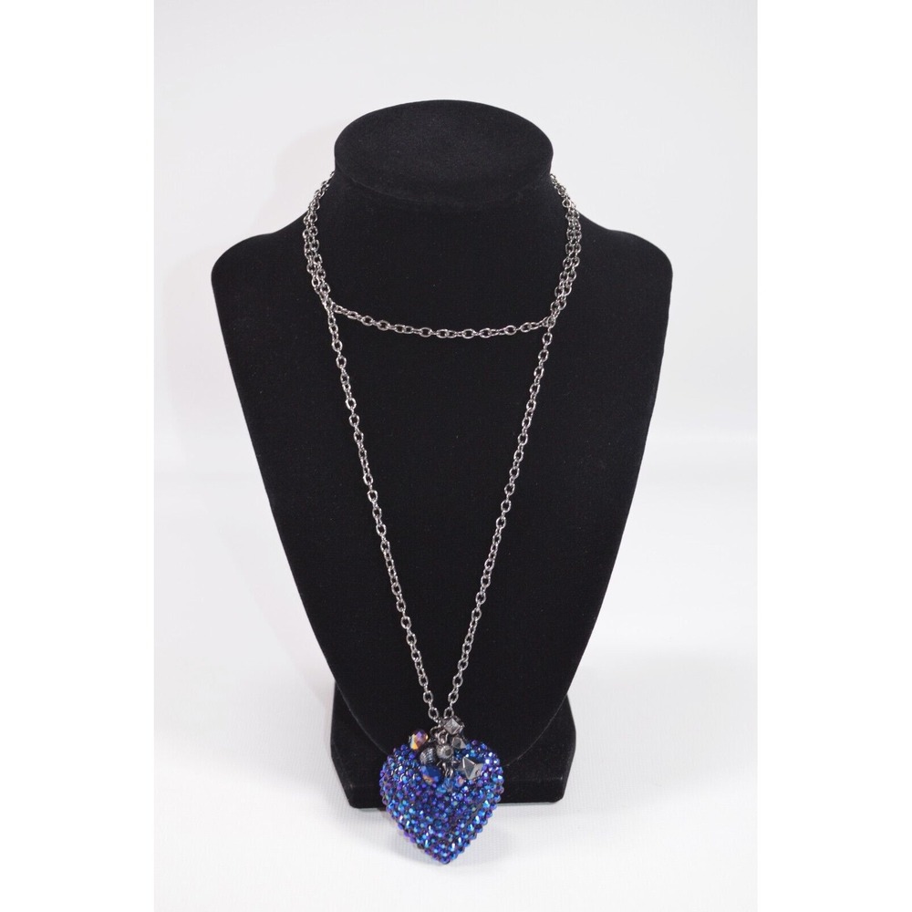 Silver Tone Necklace with Blue Embellished Heart‎ Pendant and Dangles